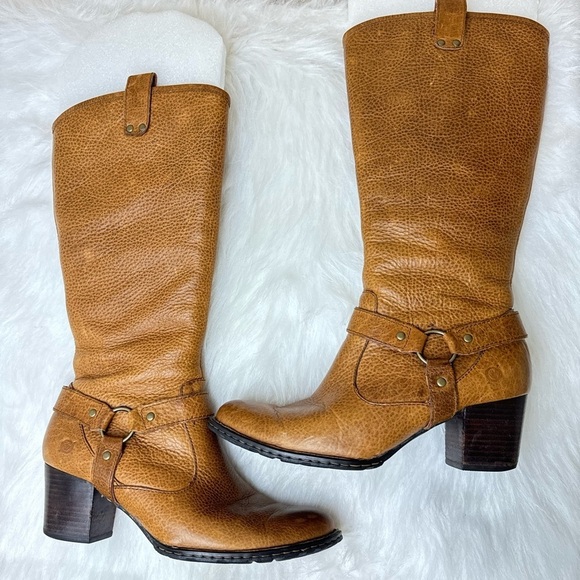 Born Shoes - Born Leather Calf High Heeled Boots Distressed Brown Comfy Rubber Sole Size 8.5